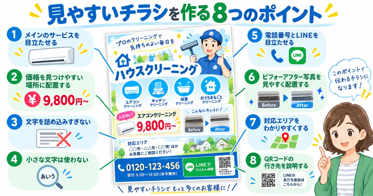 見やすいハウスクリーニングのチラシを作る8つのポイントをまとめたイラスト