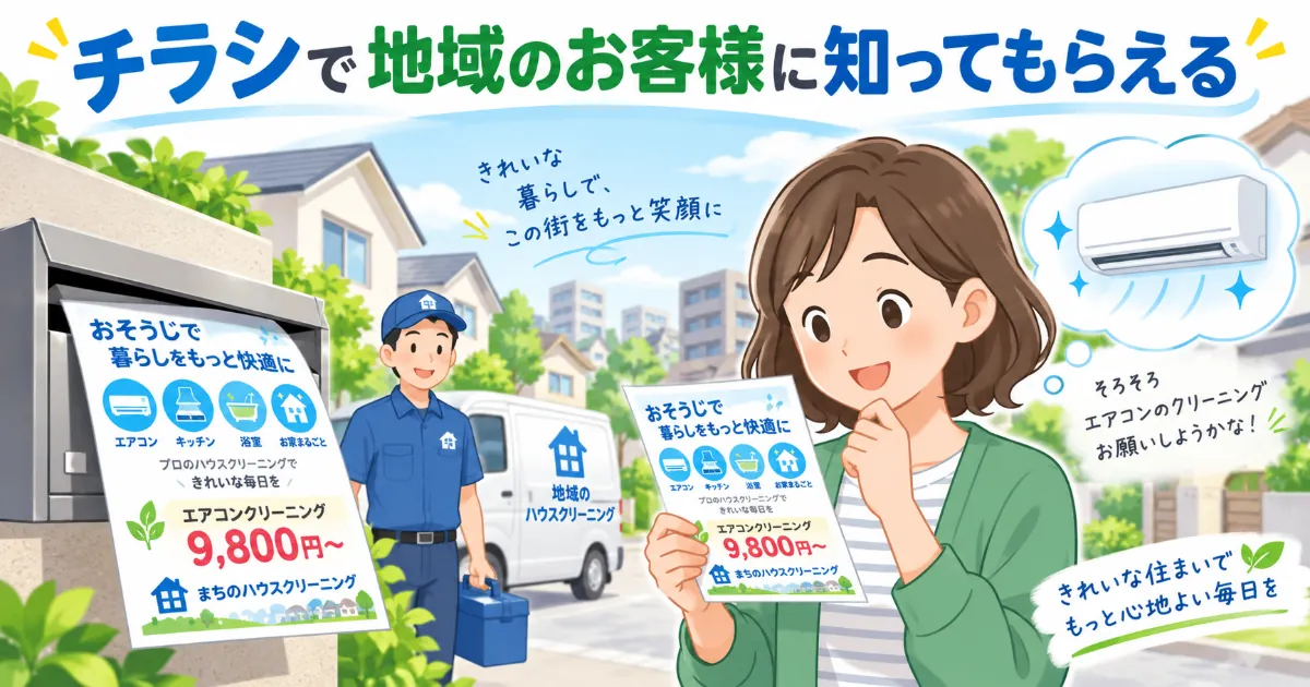 ハウスクリーニングのチラシで地域のお客様にサービスを知ってもらうイメージ