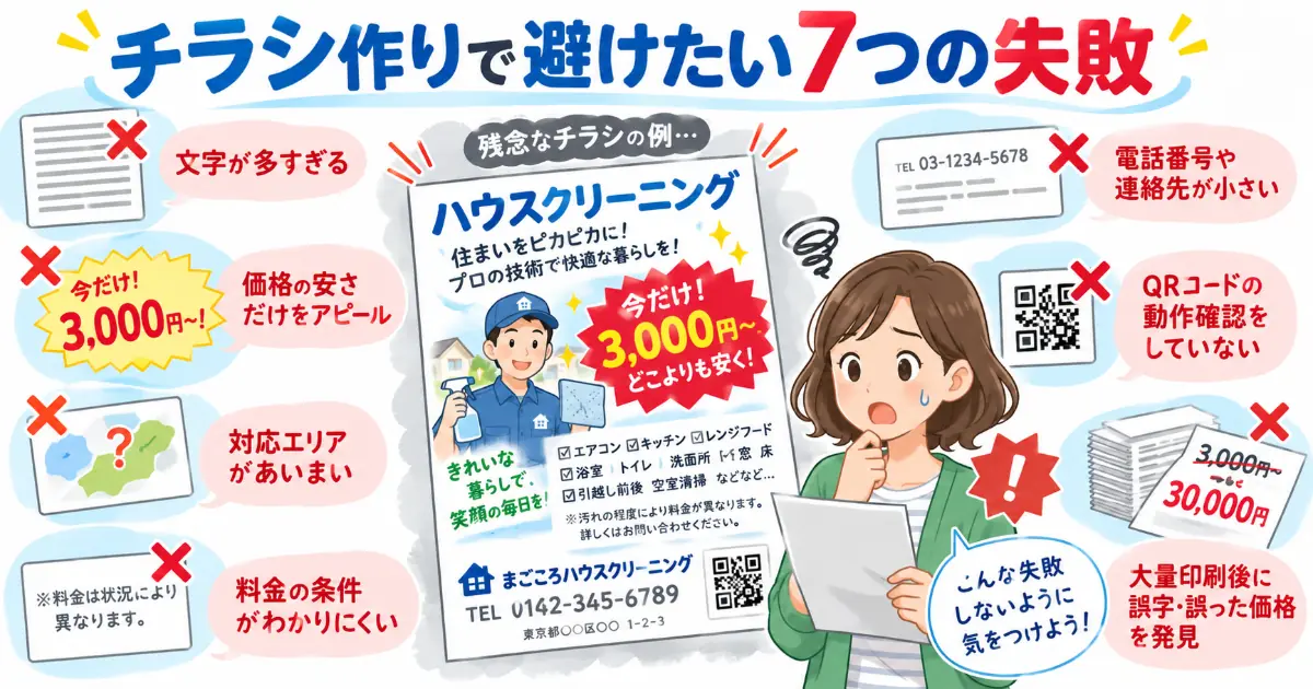ハウスクリーニングのチラシ作りで避けたい7つの失敗をまとめたイラスト