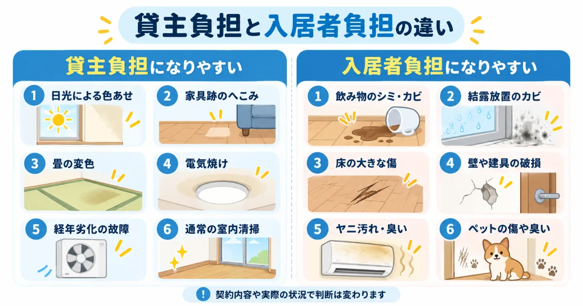 貸主負担になりやすいケースと入居者負担になりやすいケースの違いを比較した図解イラスト
