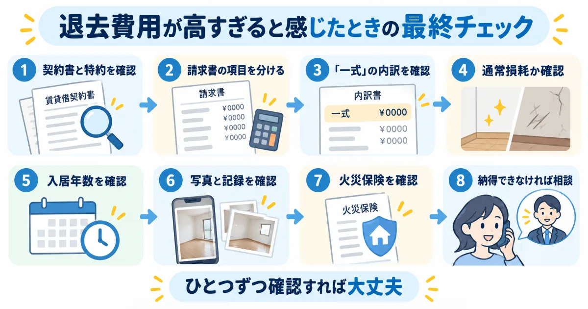 退去費用が高すぎると感じたときの確認手順をまとめた図解イラスト