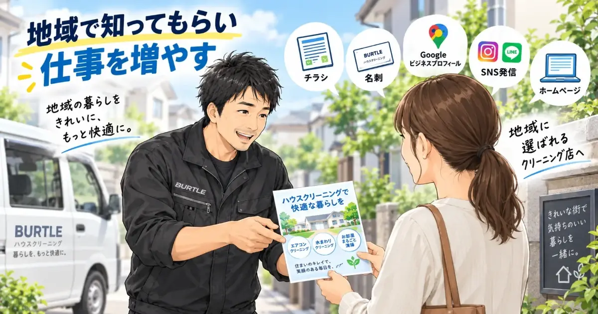 チラシや名刺、Googleビジネスプロフィール、SNSなどを使って地域でハウスクリーニングを知ってもらう様子のイラスト