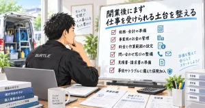 ハウスクリーニング開業後に、税務・会計、料金設定、問い合わせ窓口、見積書、保険など仕事の土台を整えているイラスト