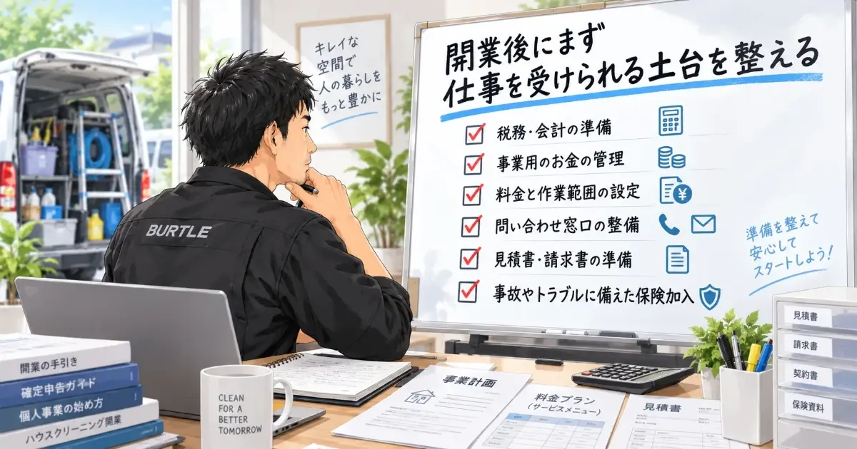 ハウスクリーニング開業後に、税務・会計、料金設定、問い合わせ窓口、見積書、保険など仕事の土台を整えているイラスト