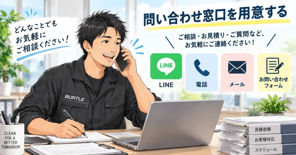 LINE、電話、メール、お問い合わせフォームなど、ハウスクリーニングの問い合わせ窓口を案内する男性のイラスト