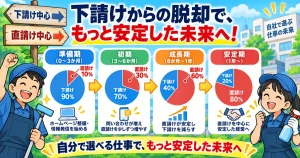 下請けの割合を減らしながら直請けを増やしていく流れを4段階で示したハウスクリーニング業の図解イラスト