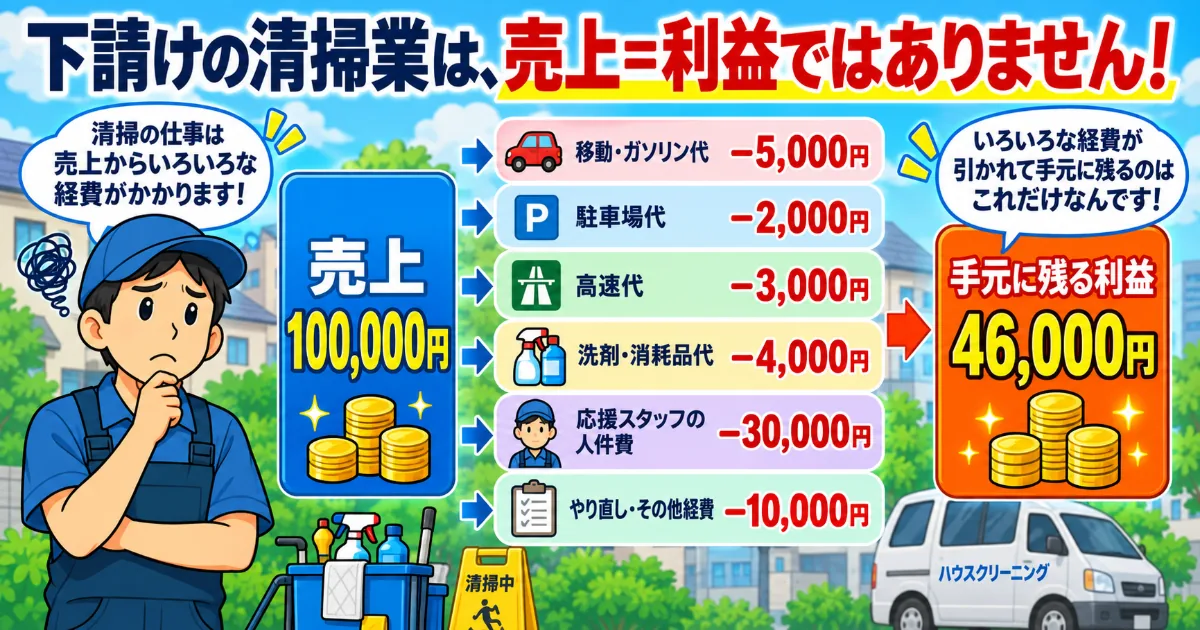 下請けの仕事で売上からガソリン代や駐車料金などの経費が差し引かれる様子を示した図解イラスト