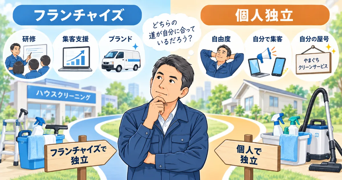 ハウスクリーニング開業でフランチャイズと個人独立の違いを比較している40代男性のイラスト