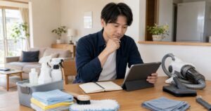 ハウスクリーニングのフランチャイズ開業を検討する日本人男性が、清掃道具を前にタブレットで情報を確認している様子
