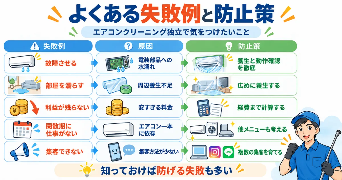 エアコンクリーニング独立で起こりやすい故障・水濡れ・安売り・閑散期・集客不足と防止策の図解