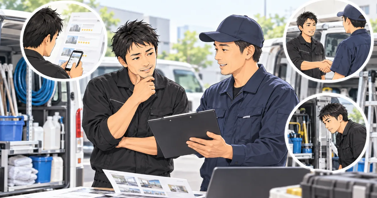 ハウスクリーニングの協力会社を探すために、紹介やネット情報を確認しながら業者と打ち合わせしているイラスト