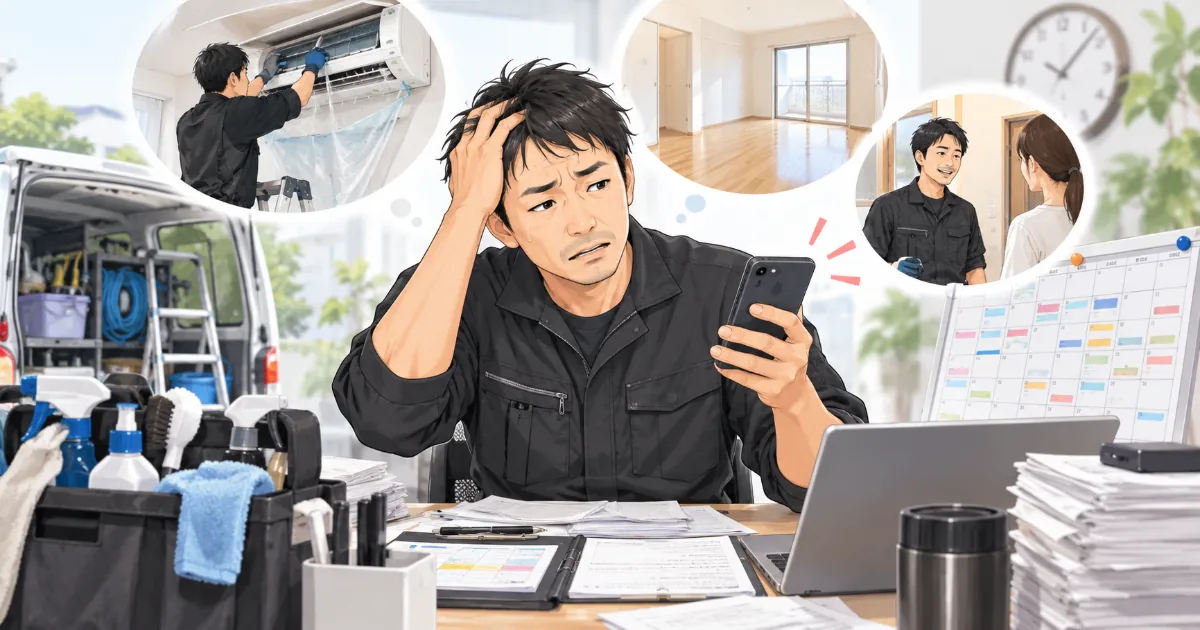 ハウスクリーニングの一人親方が、仕事の予定や現場対応に追われながら協力者の必要性を感じているイラスト