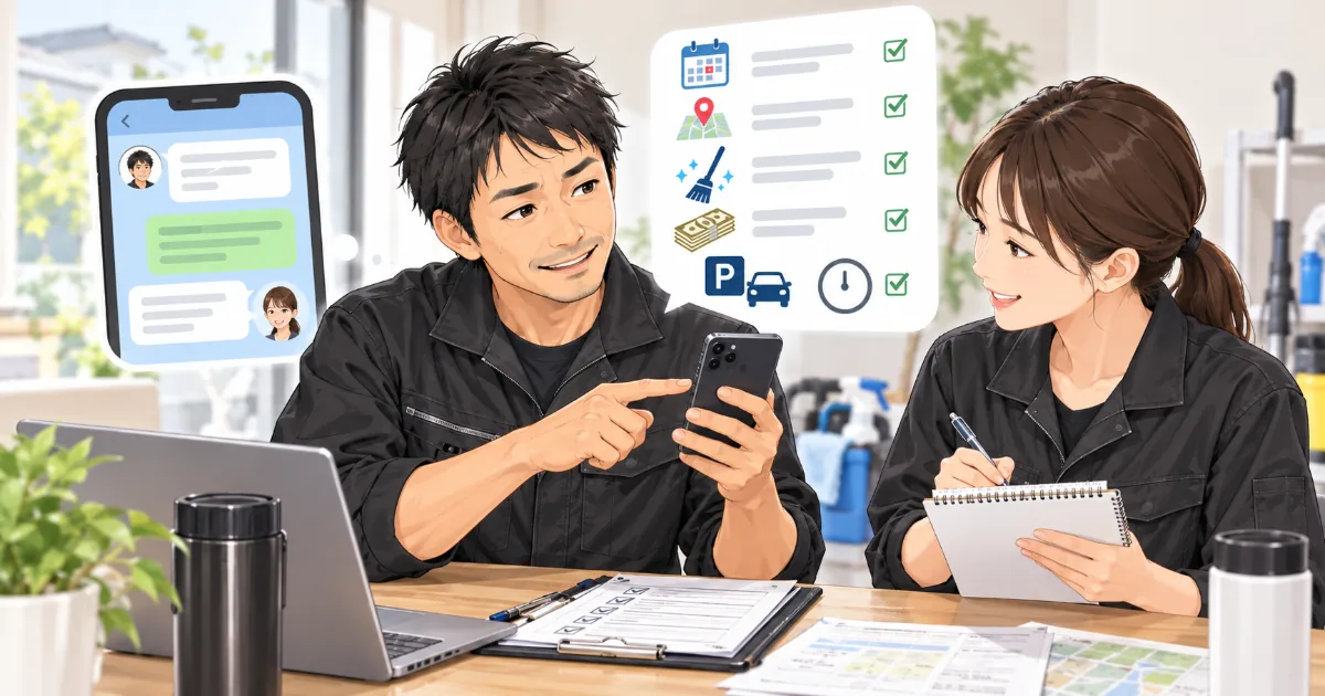 ハウスクリーニングの協力者へ仕事を依頼する前に、日時や作業内容、報酬などを事前確認しているイラスト