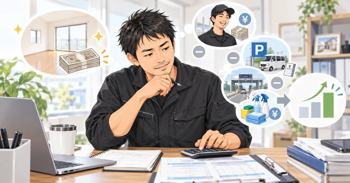 ハウスクリーニングで協力者を入れたときの売上や報酬、経費、利益のバランスを考えて計算しているイラスト