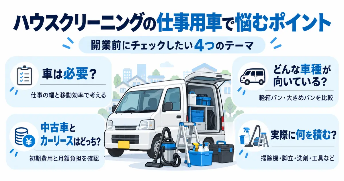 ハウスクリーニングで使う仕事用車両を選ぶときの4つのポイントを整理した図解