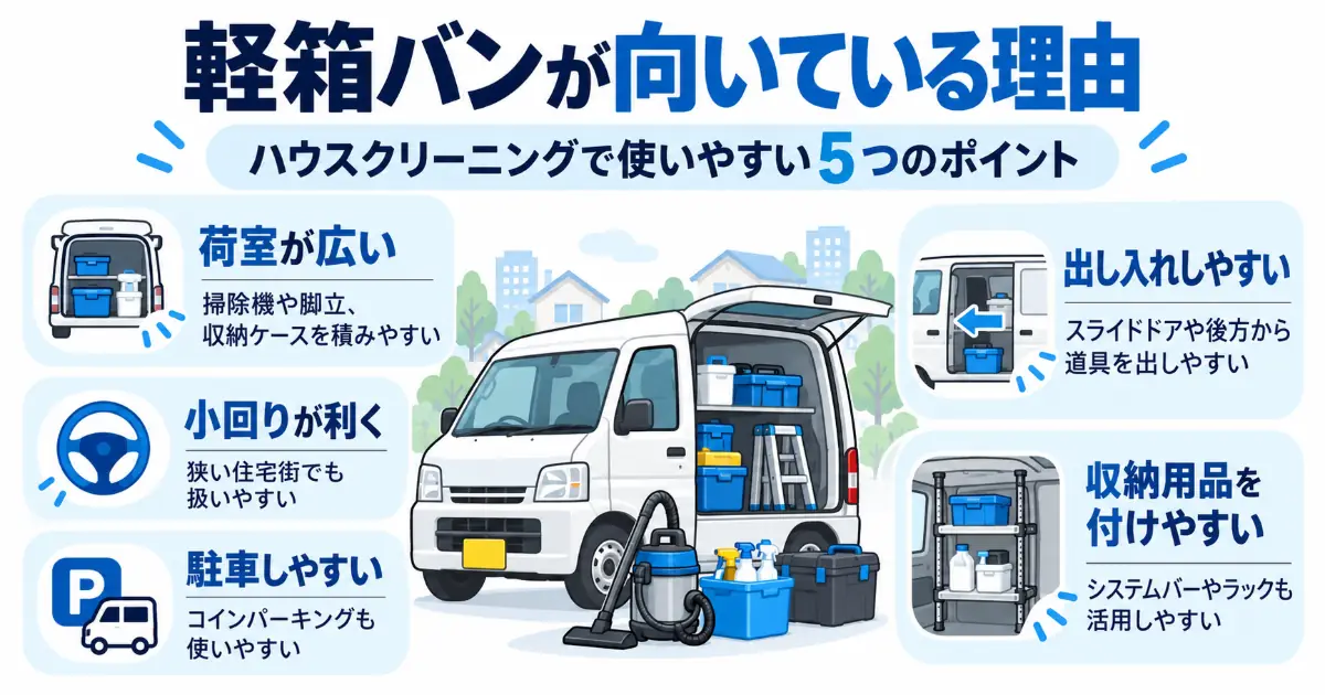 ハウスクリーニングで軽箱バンが使いやすい理由を5つ紹介した図解