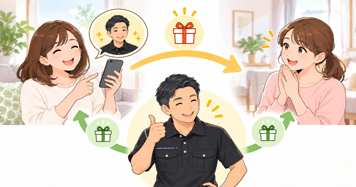 ハウスクリーニングのお客様紹介制度で友人へ紹介がつながるイメージ