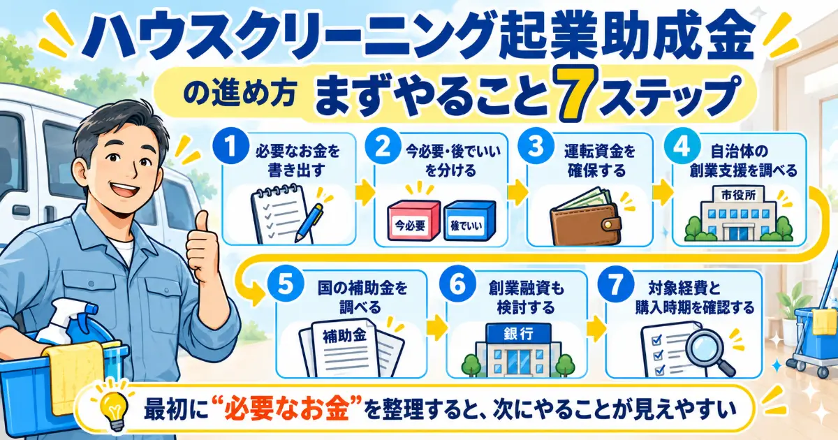 ハウスクリーニングの起業助成金を調べるときの7ステップをまとめた図解