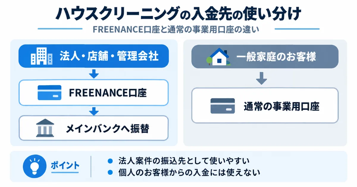 ハウスクリーニングの法人案件と一般家庭でFREENANCE口座と通常の事業用口座を使い分ける図